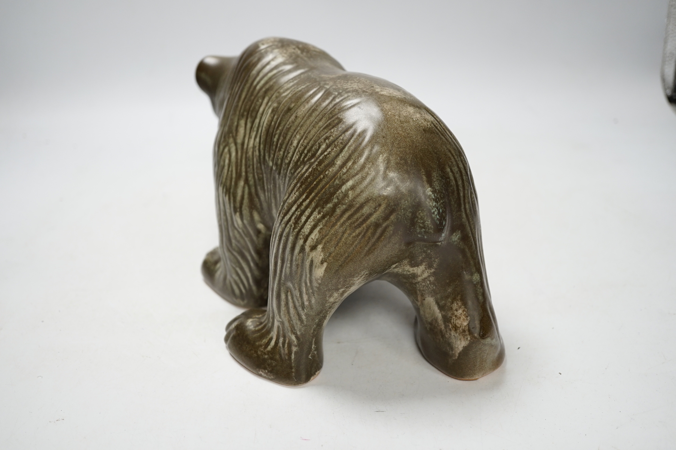 A Johgus Bornholm ceramic bear, and assorted coloured glass, tallest 31cm